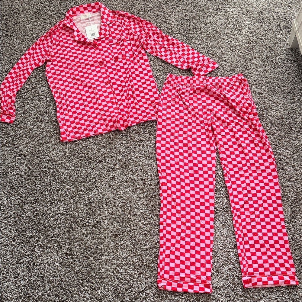 In my Sundays pink and red checkered pajama set